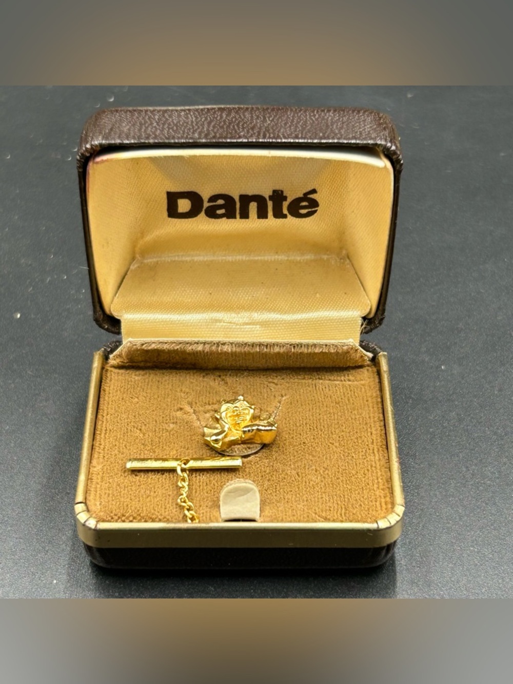 Vintage Dante Devil Gargoyle Tie Tack Gold Tone Figural w Chain Clutch